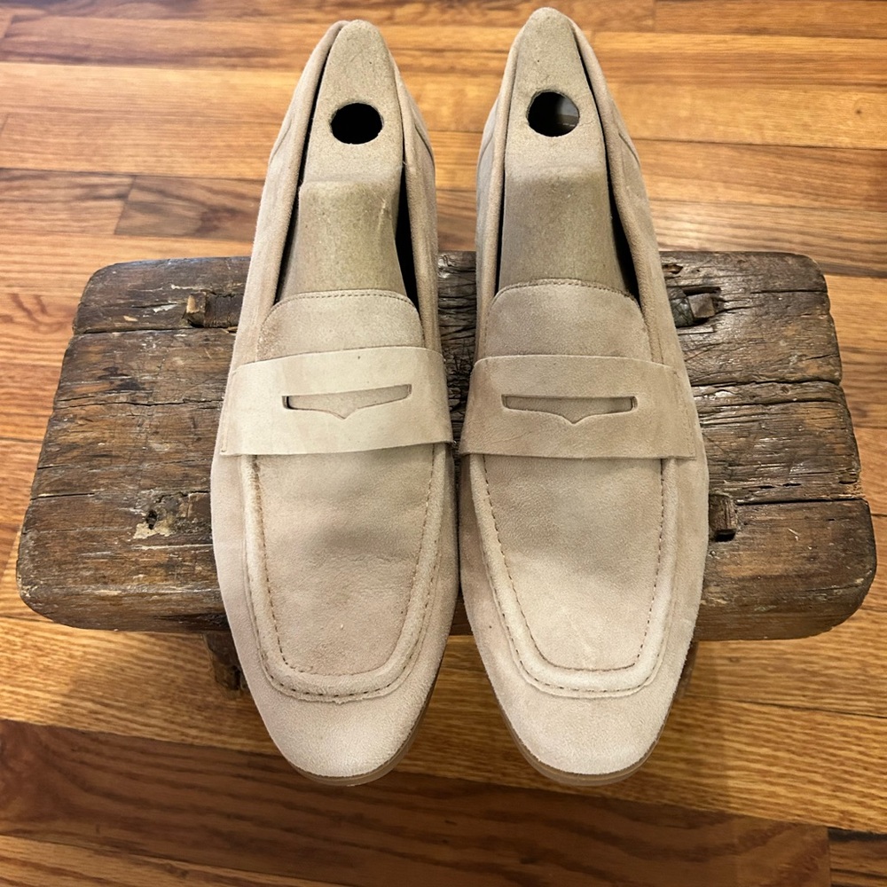 Aqua Suede Penny Loafers in Light Taupe